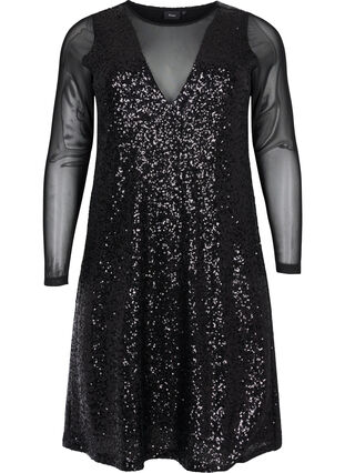 A-lijn jurk met pailletten en lange mouwen, Black, Packshot image number 0
