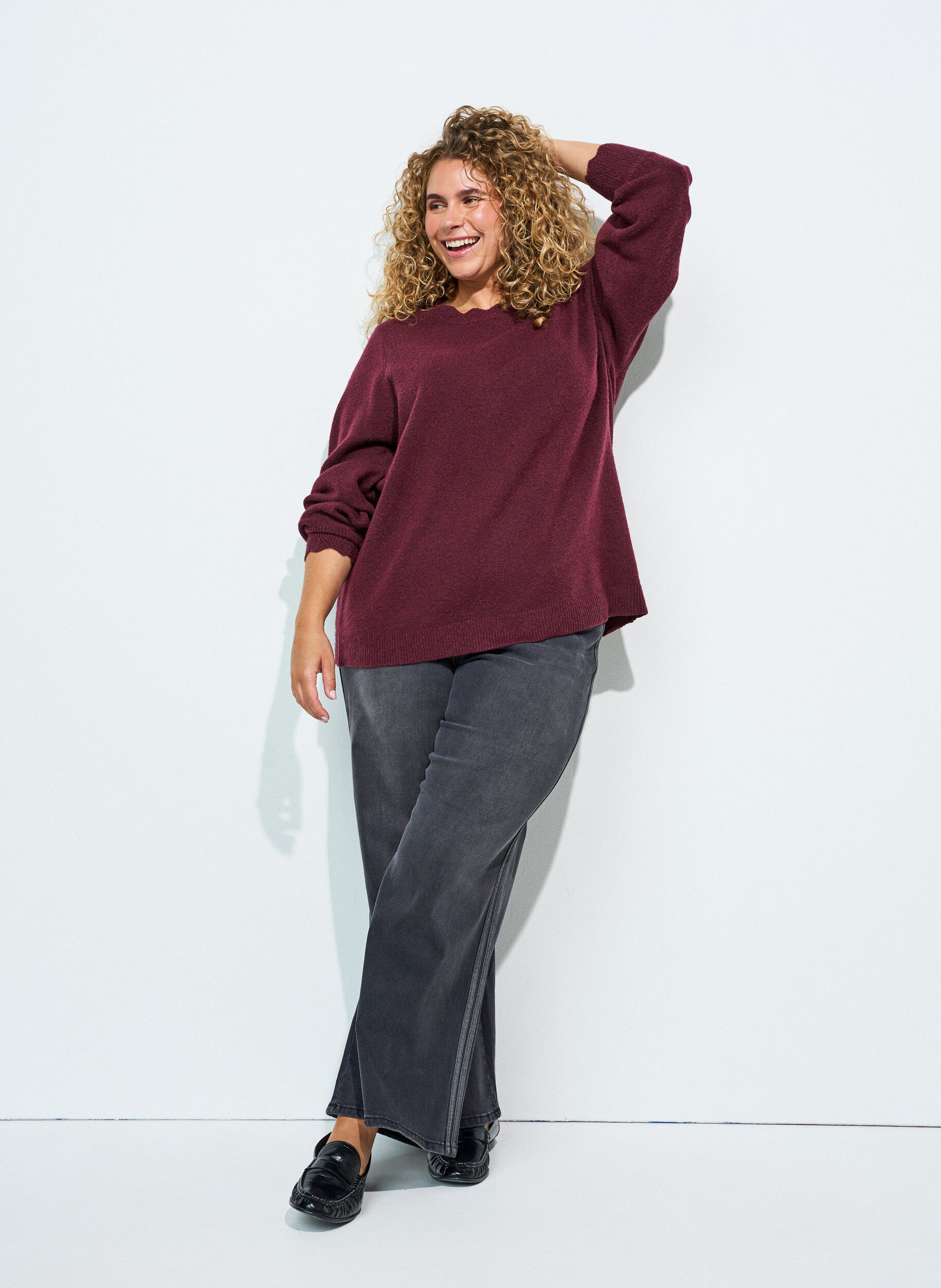 ZizziGebreide blouse met golvende randen, Rood, Model image number 1