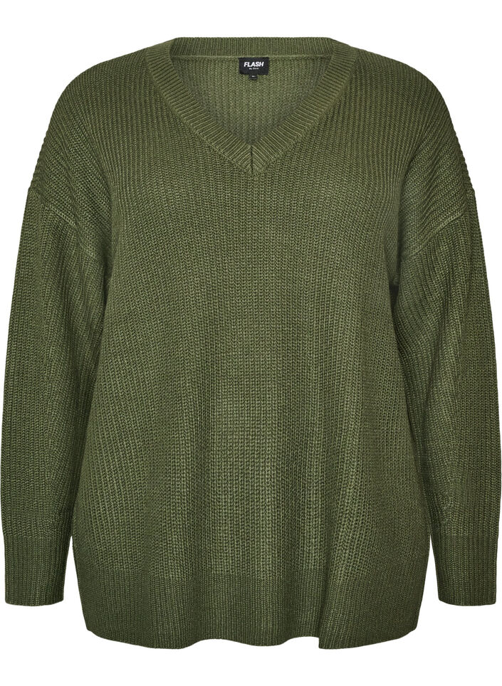 Lange ribgebreide blouse met V-hals, Groen, Packshot image number 0