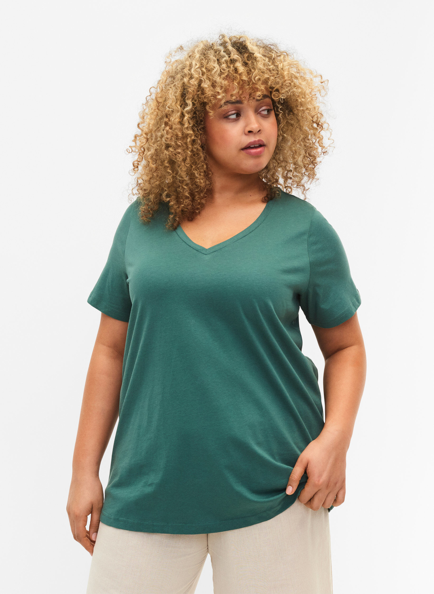 Zizzi Set van 2 basic t-shirts in katoen, Mallard Green/Black, Model image number 0