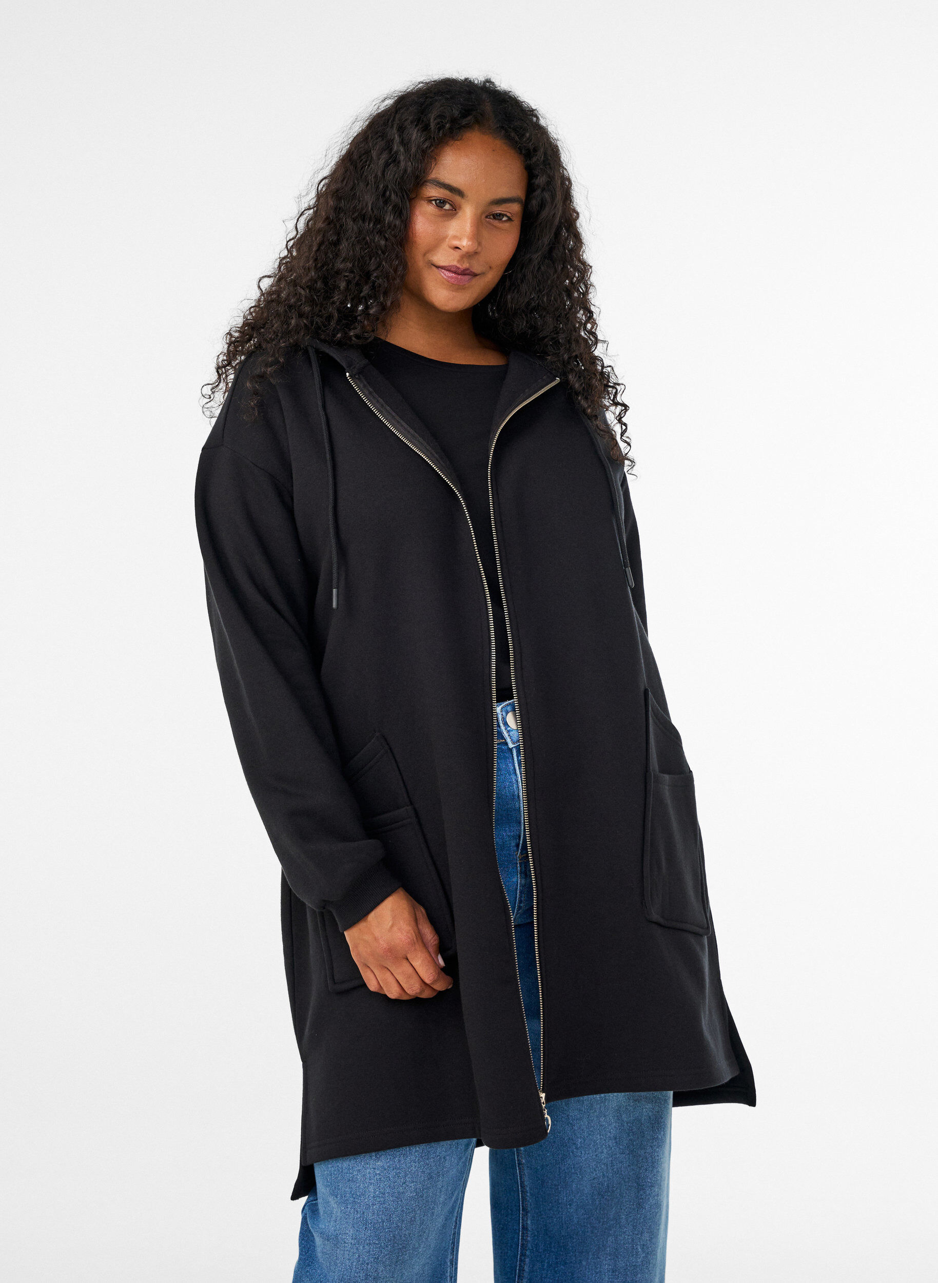 ZizziLang vest met capuchon en ritssluiting, Zwart, Model image number 0