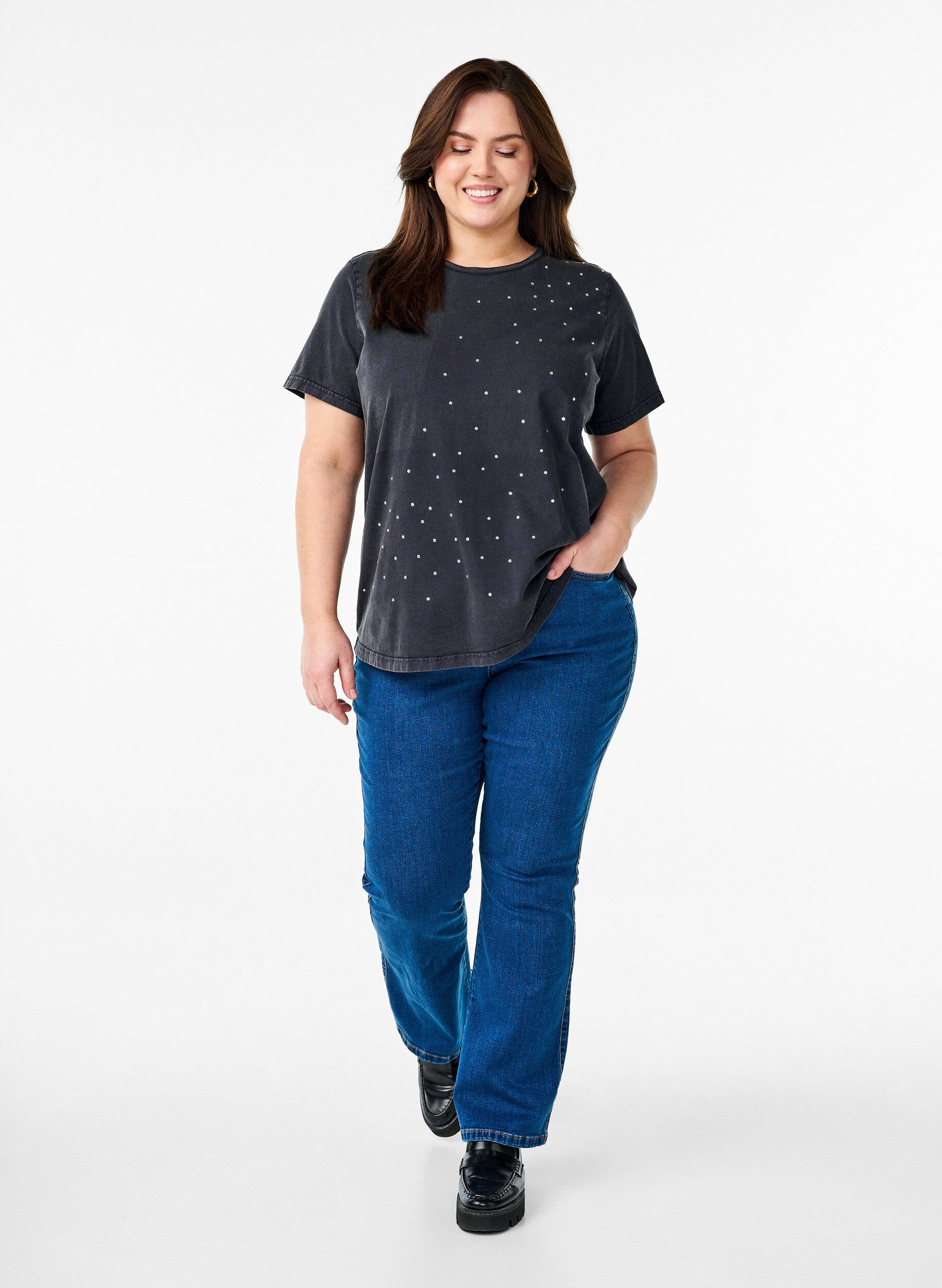 Zizzi T-shirt in biologisch katoen met een coole print, Grijs, Model image number 1