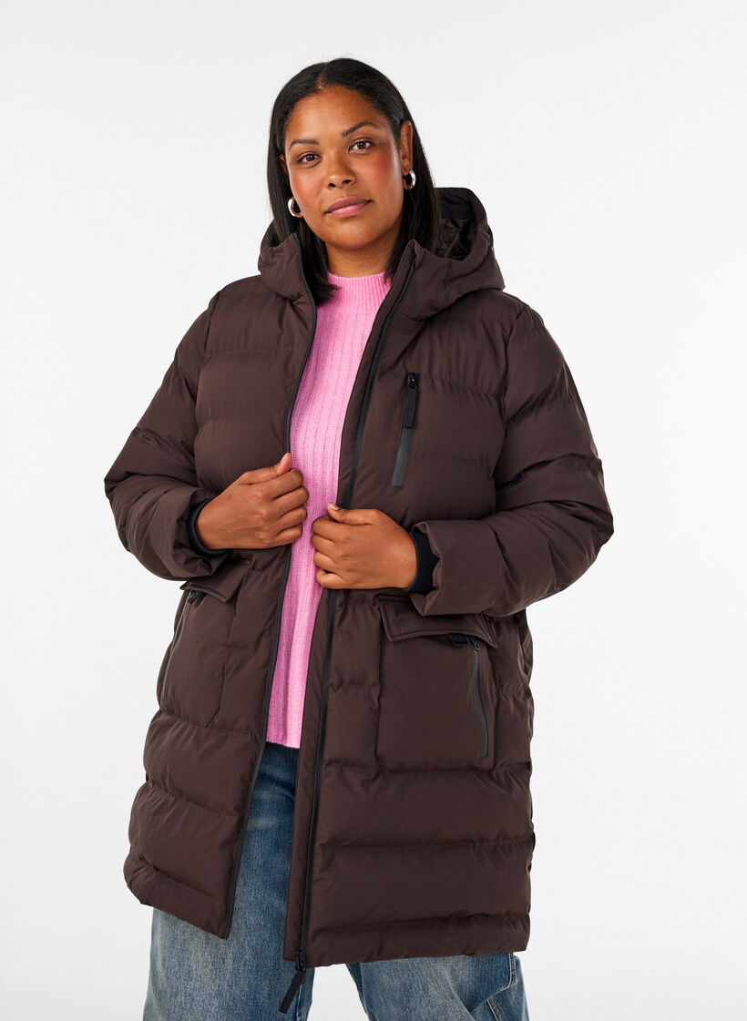 Pufferjas met capuchon en zakken, Bruin, Model image number 0