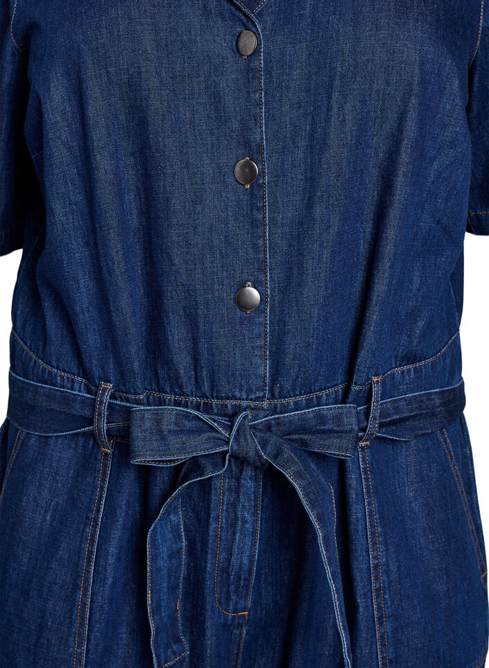 Denim jumpsuit met korte mouwen en een strikceintuur, Blauw, Packshot image number 2