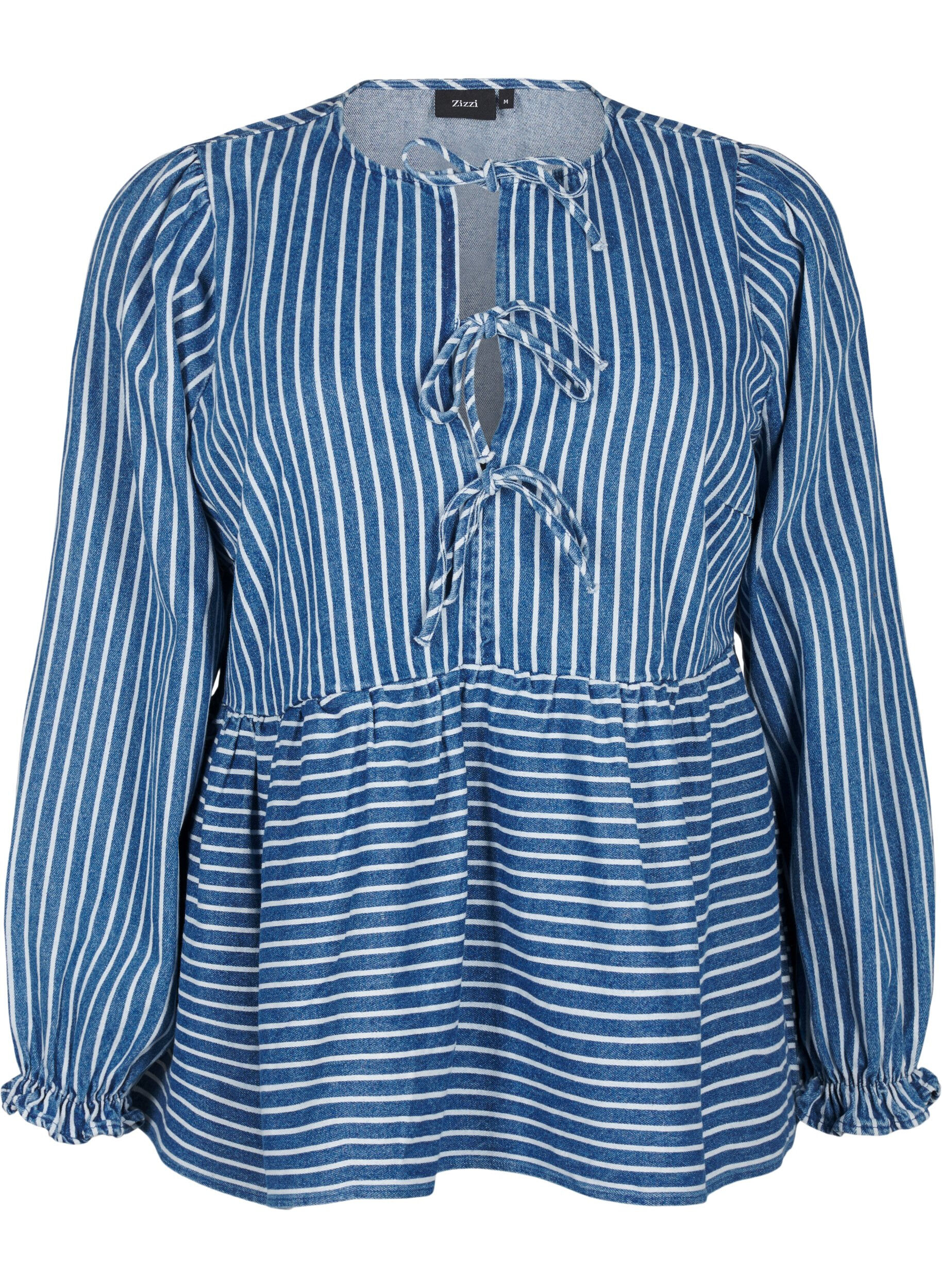Zizzi Gestreepte denim blouse met strik aan de voorkant, Blauw, Packshot image number 0