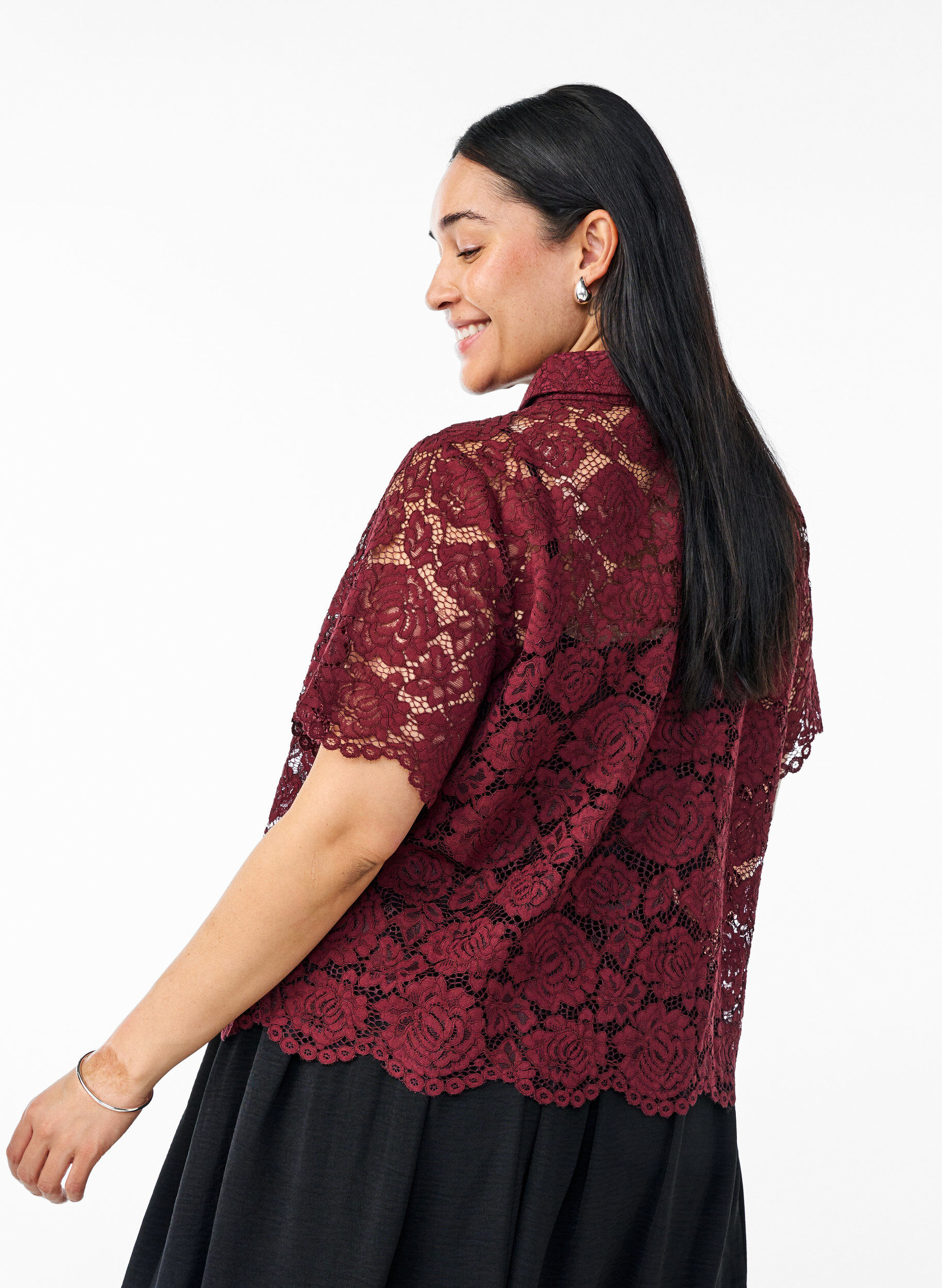 Zizzi Kanten shirt blouse met parelknopen, Donker Bordeaux, Model image number 2