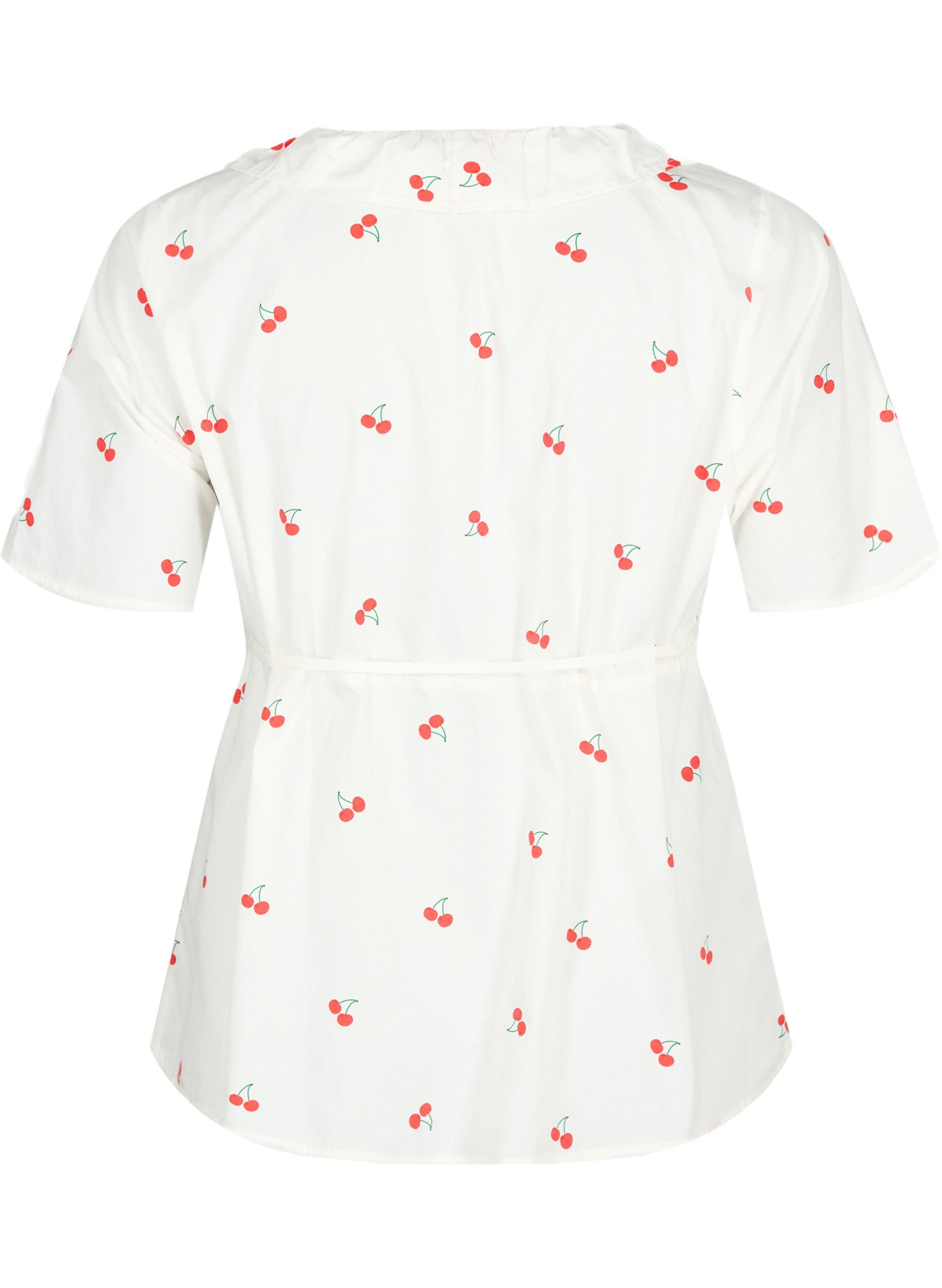 Zizzi Cherry print wrap blouse in cotton, B. White/Cherry, Packshot image number 1