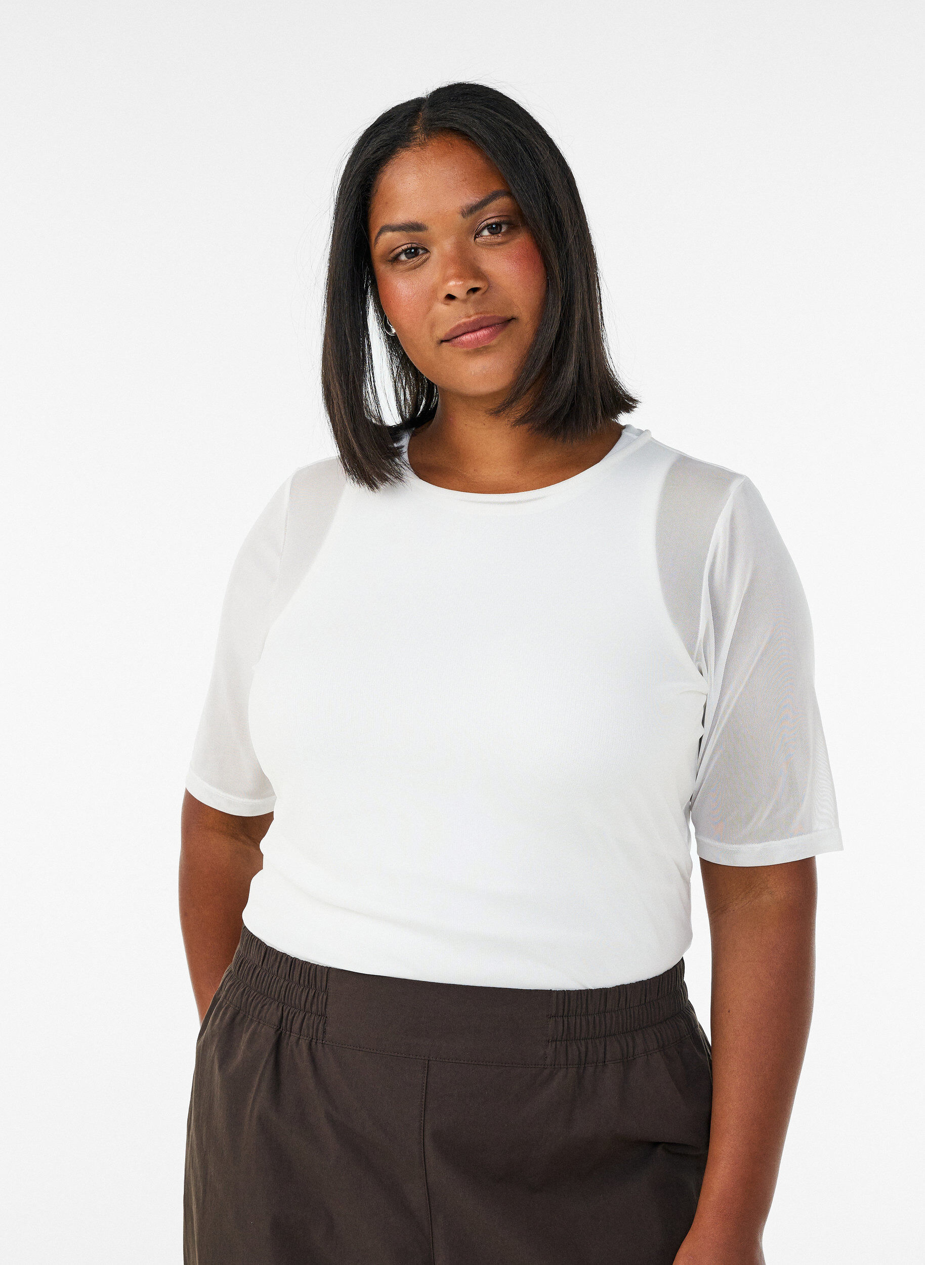 Mesh top met korte mouwen en ronde hals, Vanille, Model