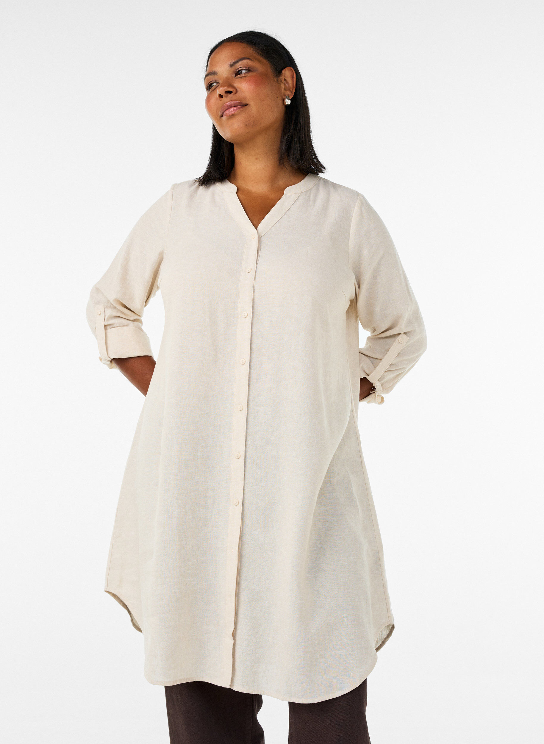 ZizziLang shirt in linnen en viscose, Beige, Model image number 1
