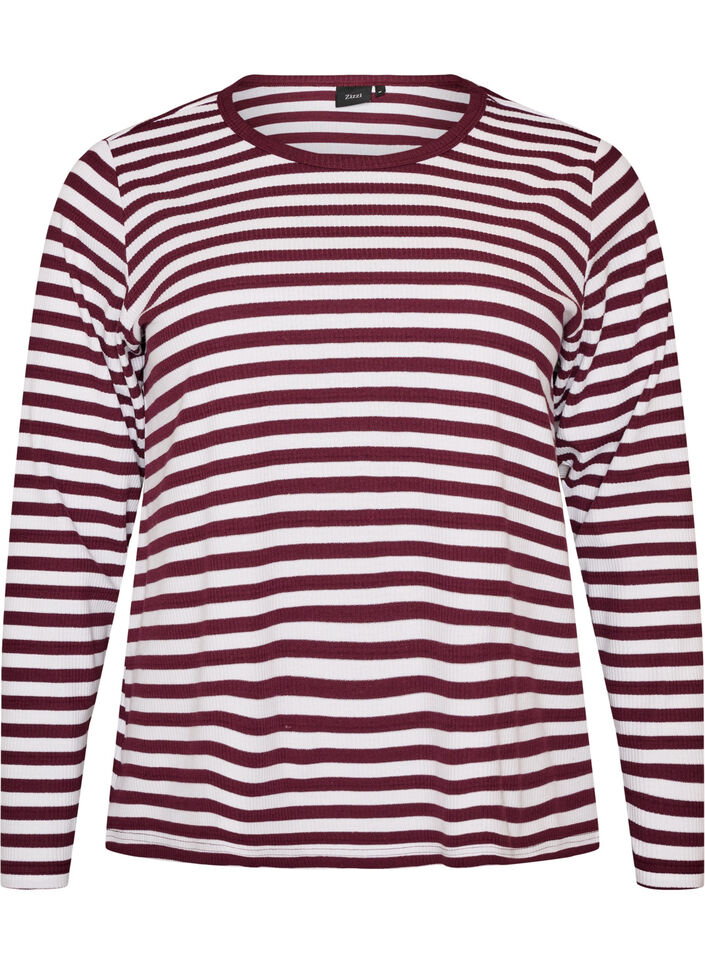 Nachtbovenstuk met lange mouwen in geribde jersey met strepen, Rood, Packshot image number 0