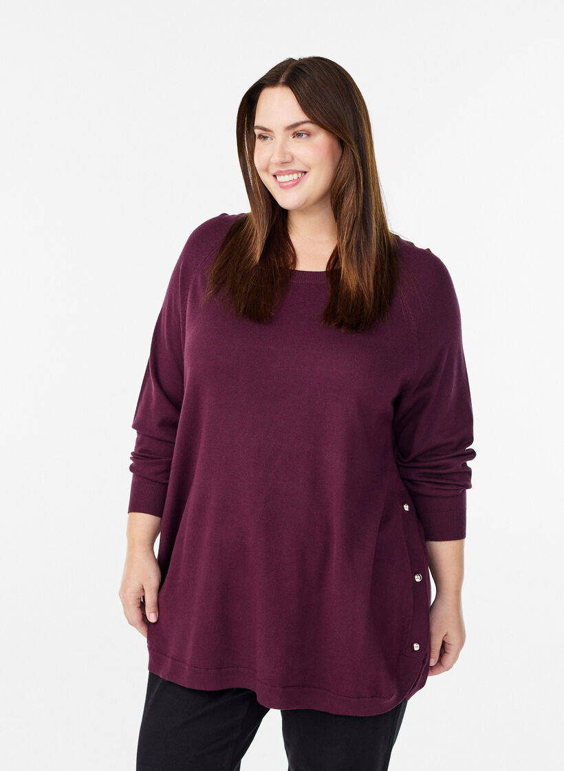 Gebreide blouse met knoopjes aan de zijkant, Rood, Model image number 0