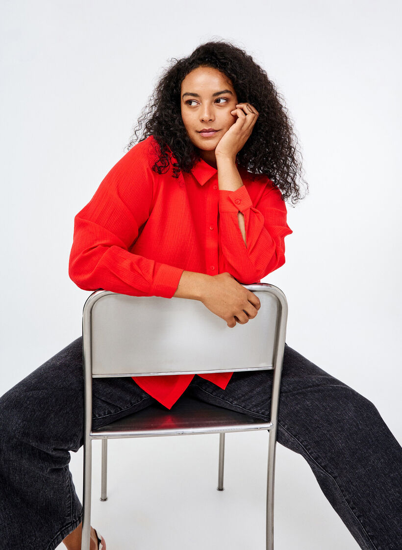 Shirt met een gestreepte textuur, Rood, Image image number 0