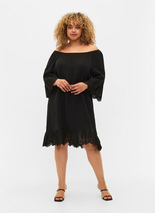 Katoenen jurk met anglaise borduurwerk, Black, Model image number 2
