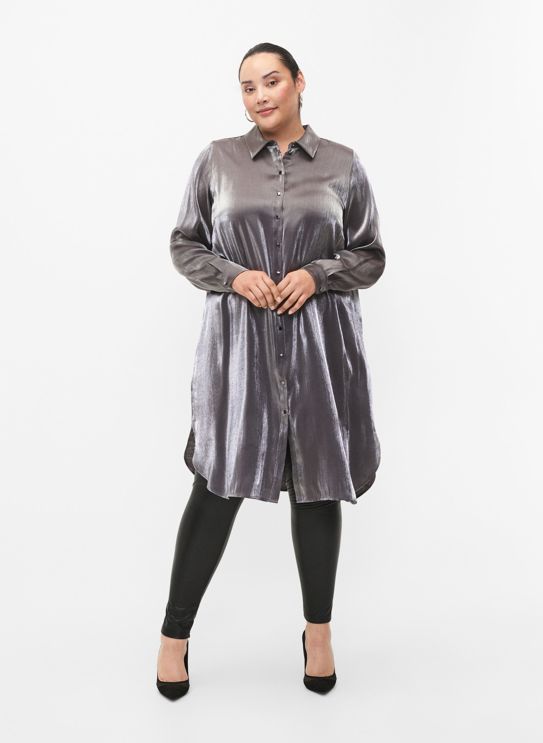 Zizzi Lang zilverkleurig shirt, Dark Silver, Model image number 3