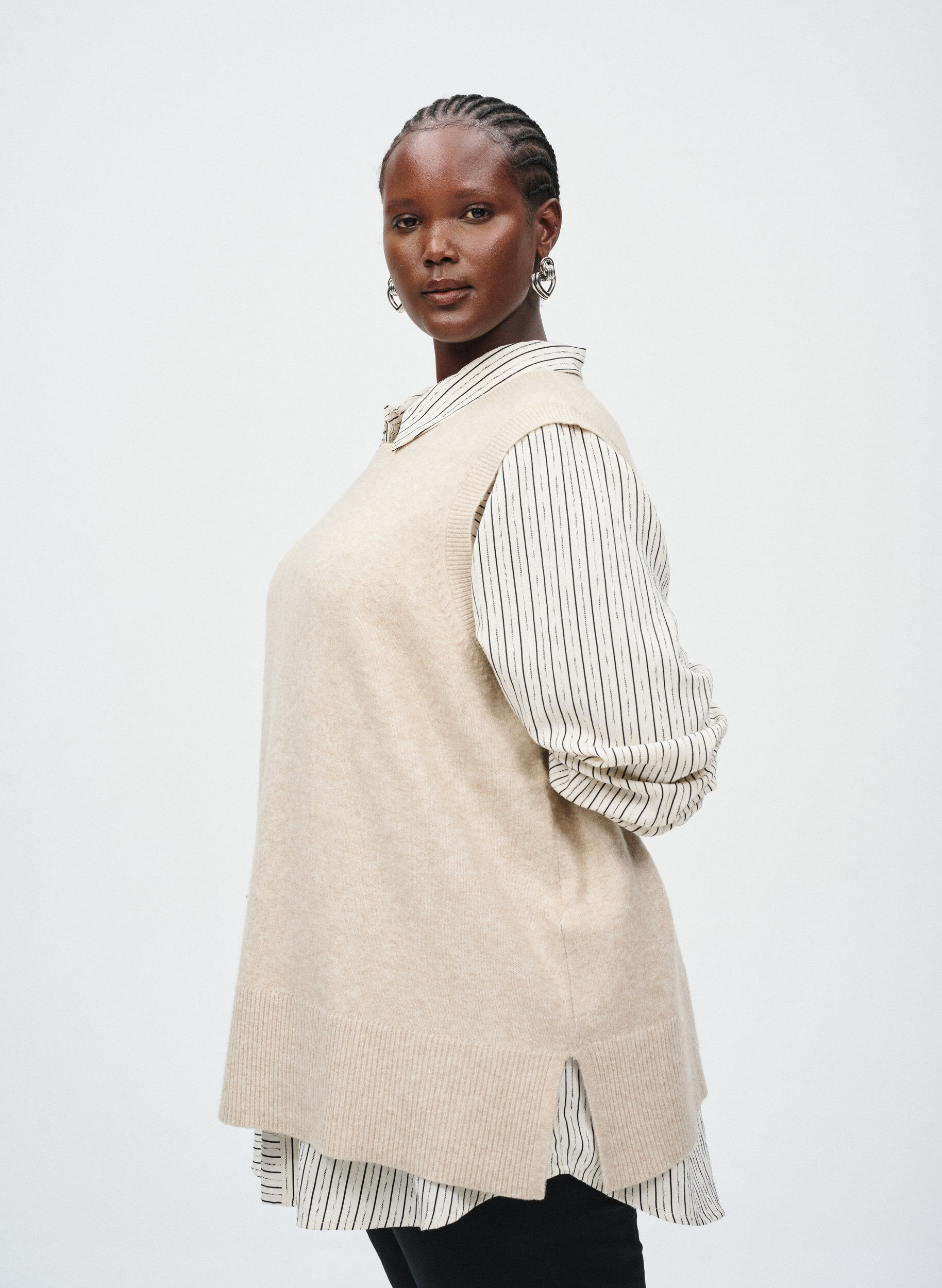 ZizziGebreid vest met geribbelde randen, Beige, Image image number 0