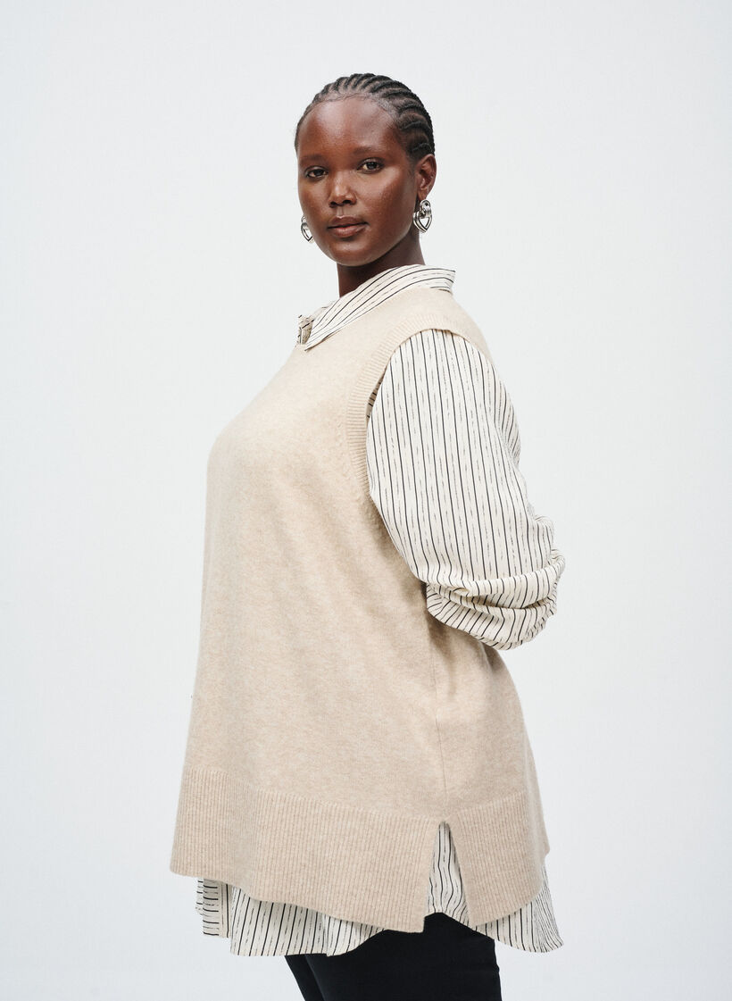 Gebreid vest met geribbelde randen, Beige, Image image number 0