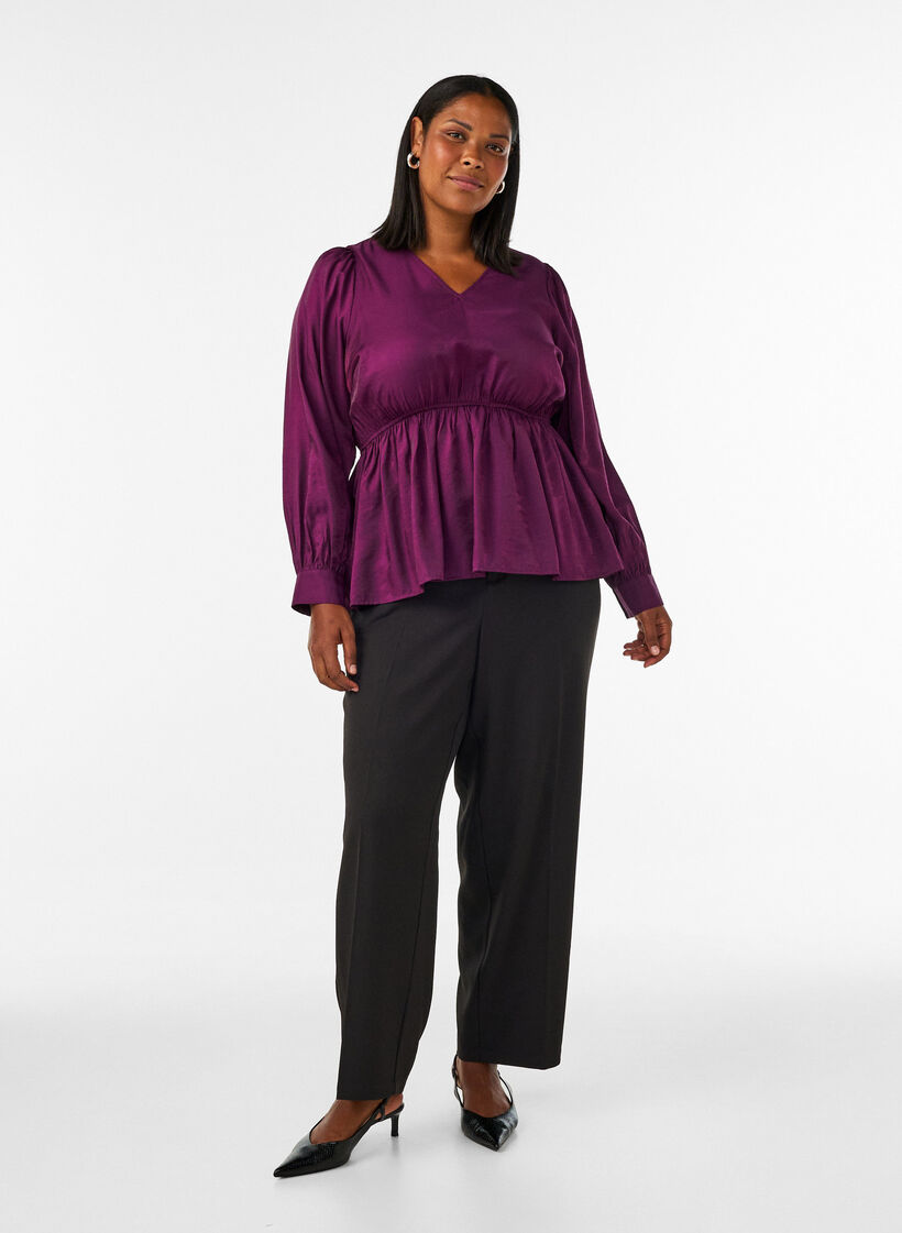Glanzende viscose blouse met peplumeffect, Paars, Model image number 1