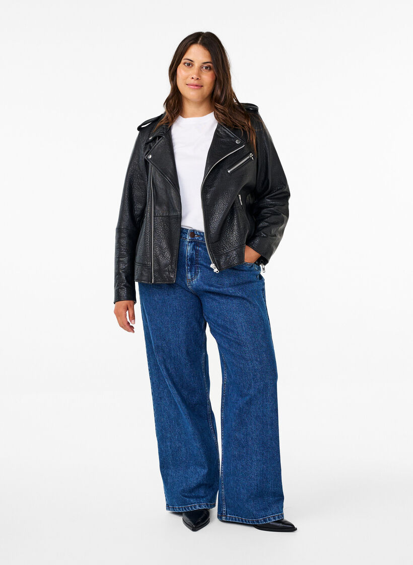 Leren bikerjas met zakken, Black, Model image number 2