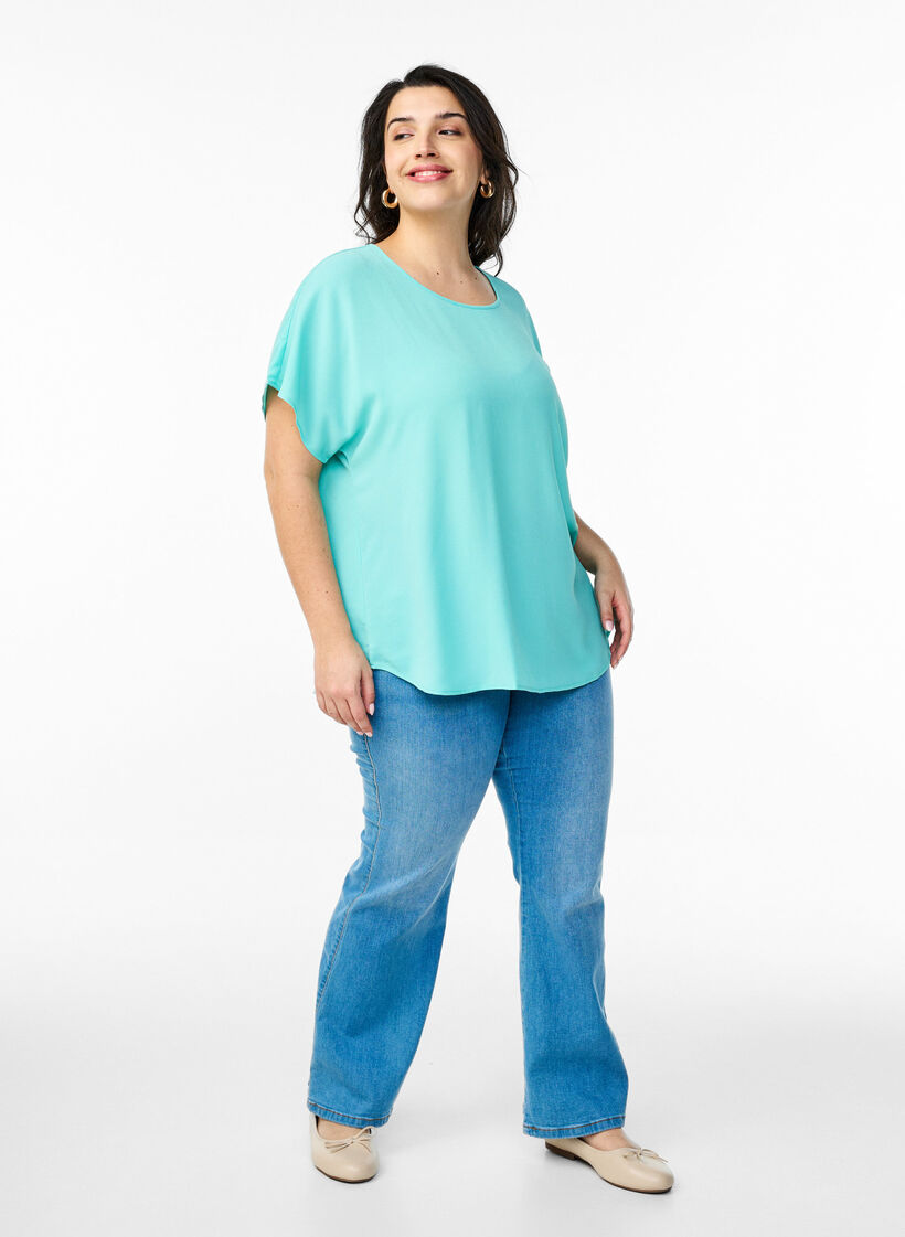 Blouse met korte mouwen en een ronde halslijn, Blauw, Model image number 1
