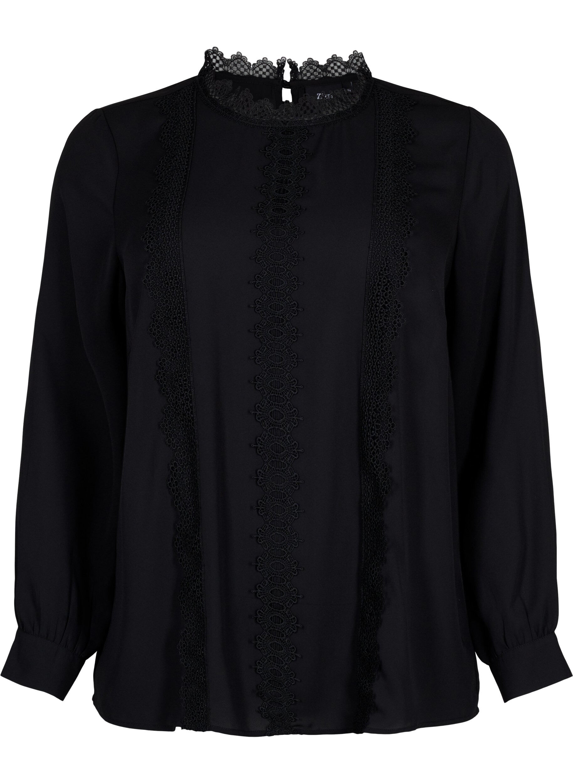 Zizzi Blouse met lange mouwen en kant, Black, Packshot image number 0
