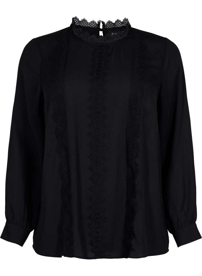 Blouse met lange mouwen en kant, Black, Packshot image number 0