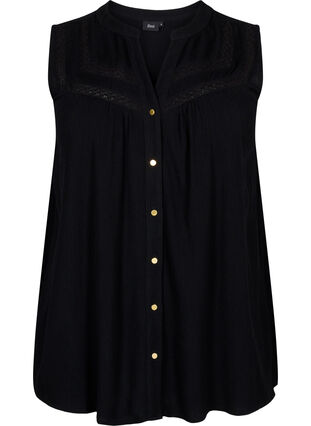 Mouwloze viscose blouse met gehaakt detail, Black, Packshot image number 0