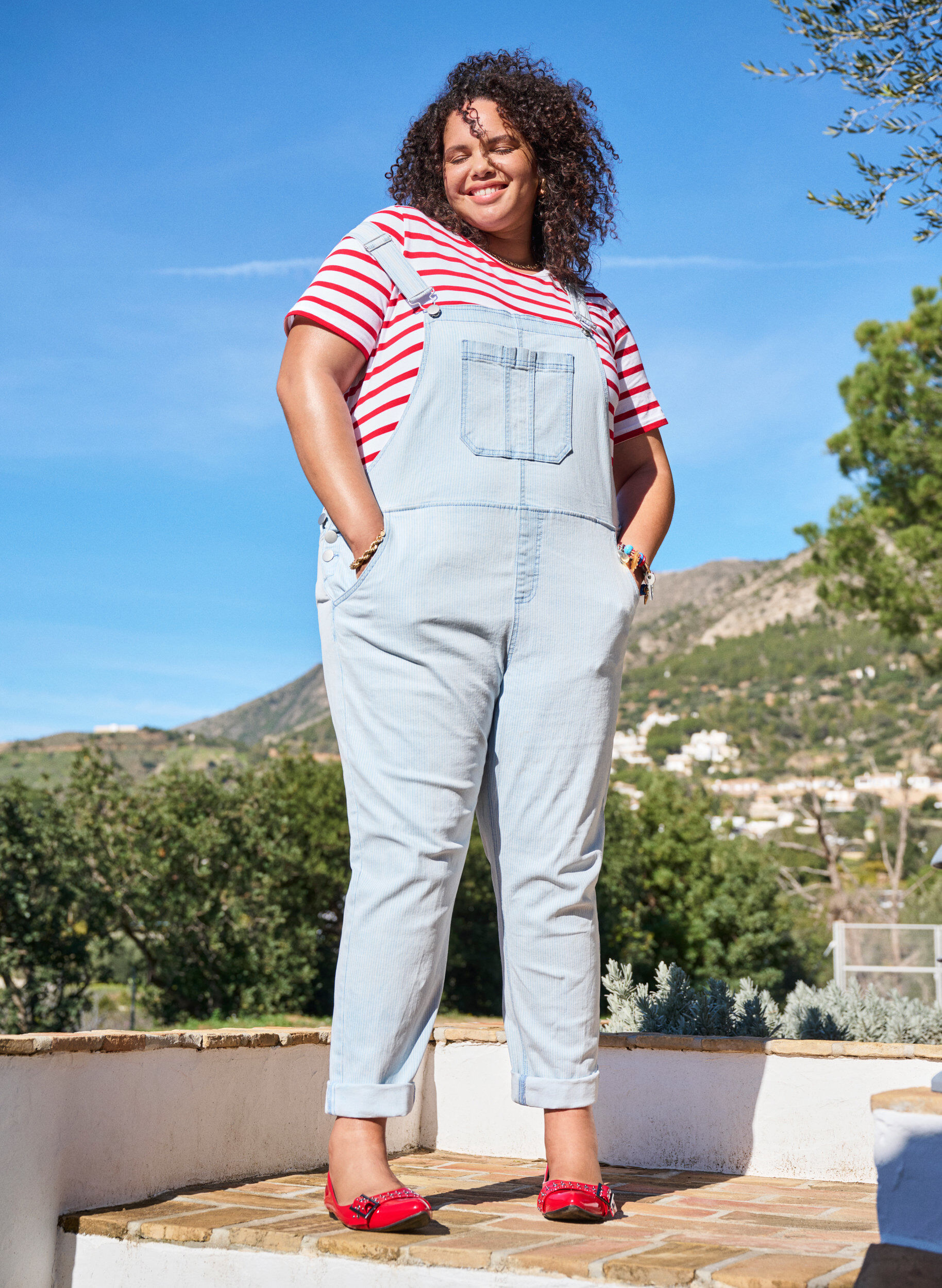ZizziGestreepte denim overall, Blauw, Image image number 0