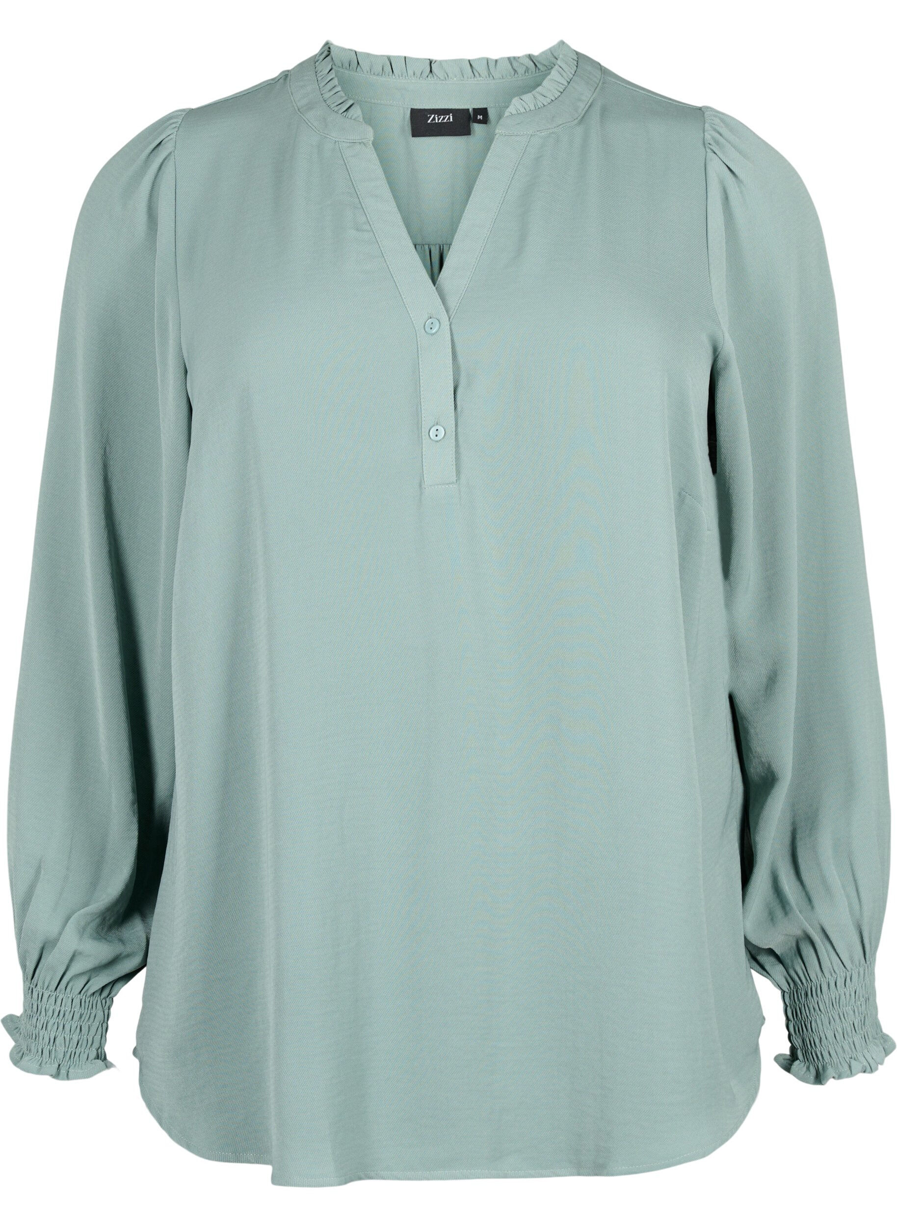 Zizzi Blouse met smok en V-halslijn, Chinois Green, Packshot image number 0