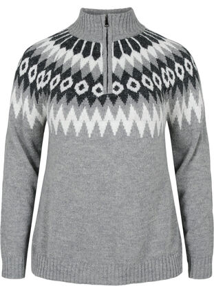 Gebreide trui met jacquard patroon, hoge hals en rits, Dark Grey Mel. Comb, Packshot image number 0