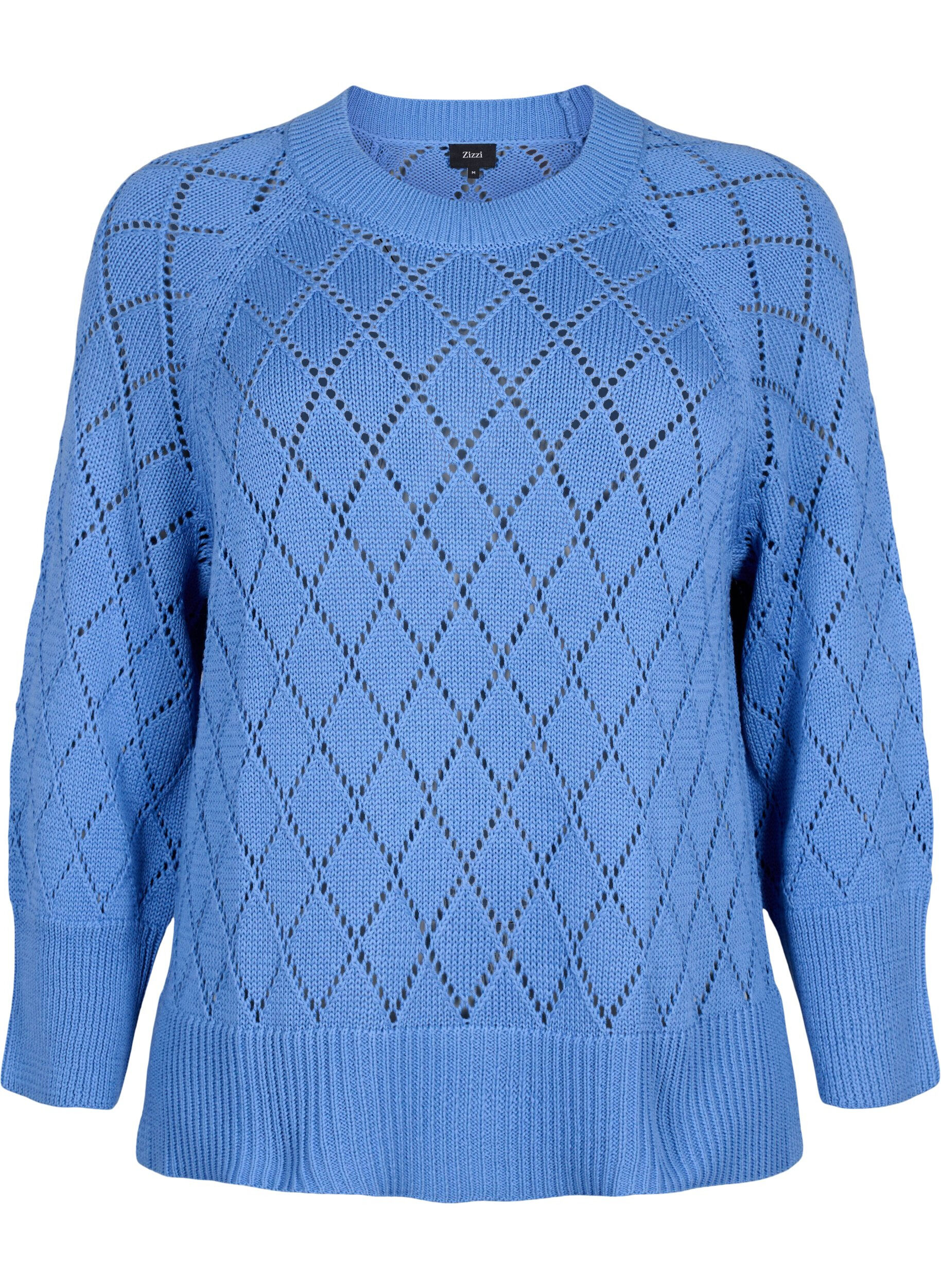 Zizzi Gebreide blouse met lange mouwen en een gaatjespatroon, Blue Bonnet, Packshot image number 0