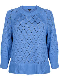 Gebreide blouse met lange mouwen en een gaatjespatroon, Blue Bonnet