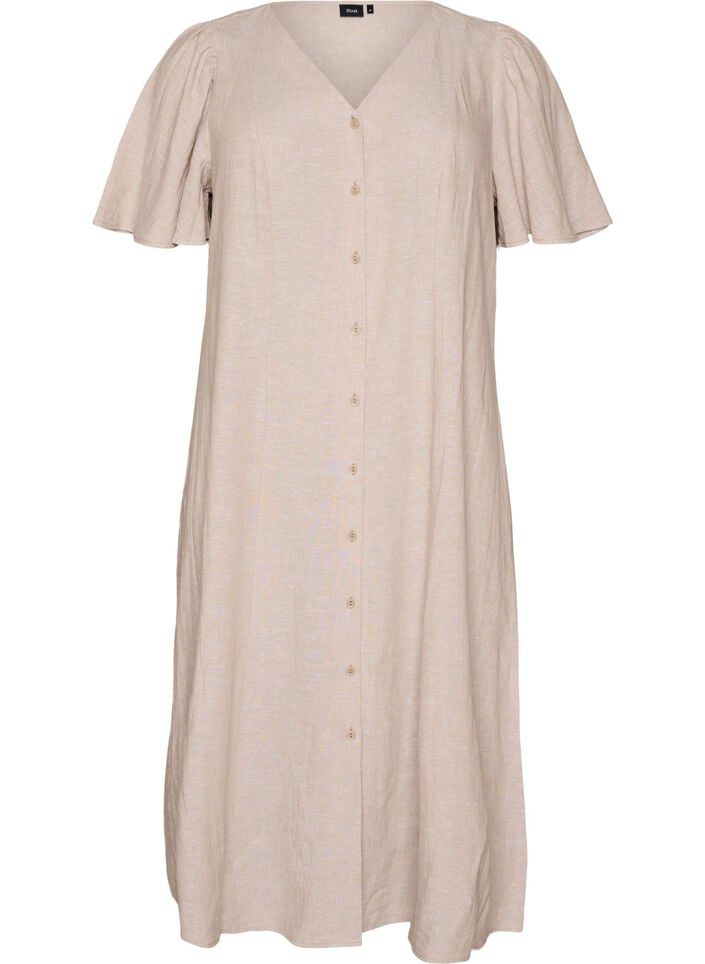 Midi jurk in linnen en viscose met ruchesmouwen, Beige, Packshot image number 0