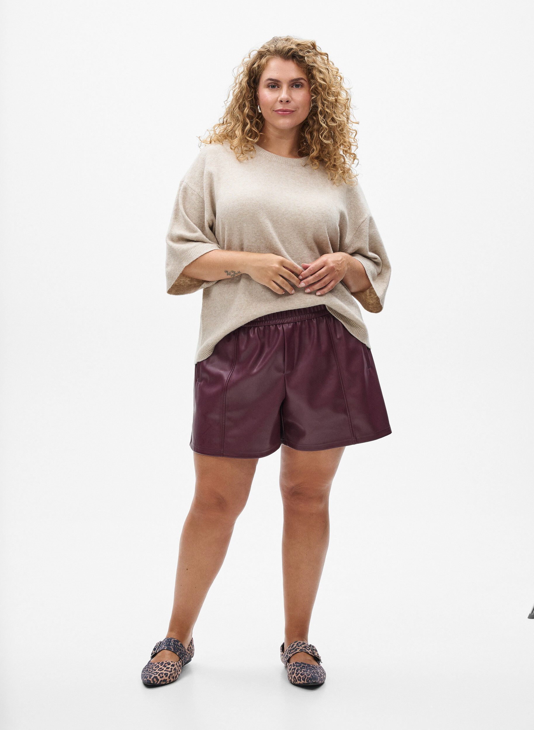 ZizziLos gebreide shirt met korte mouwen, Beige, Model image number 1