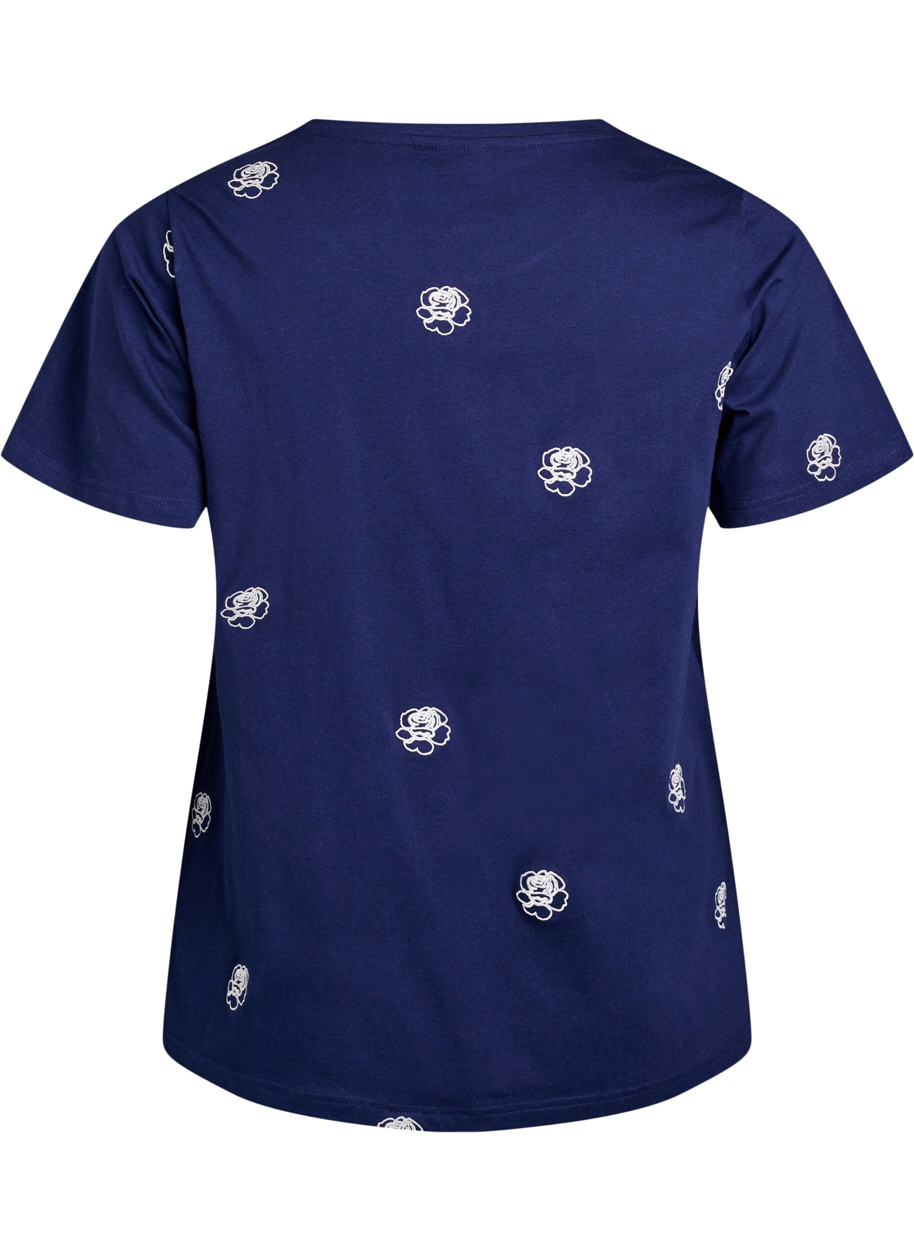 Zizzi T-shirt in biologisch katoen met geborduurde motieven, Blauw, Packshot image number 1
