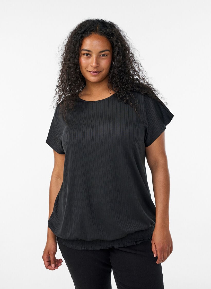 Jersey blouse met gestructureerde strepen en een gesmokte zoom, Zwart, Model image number 0
