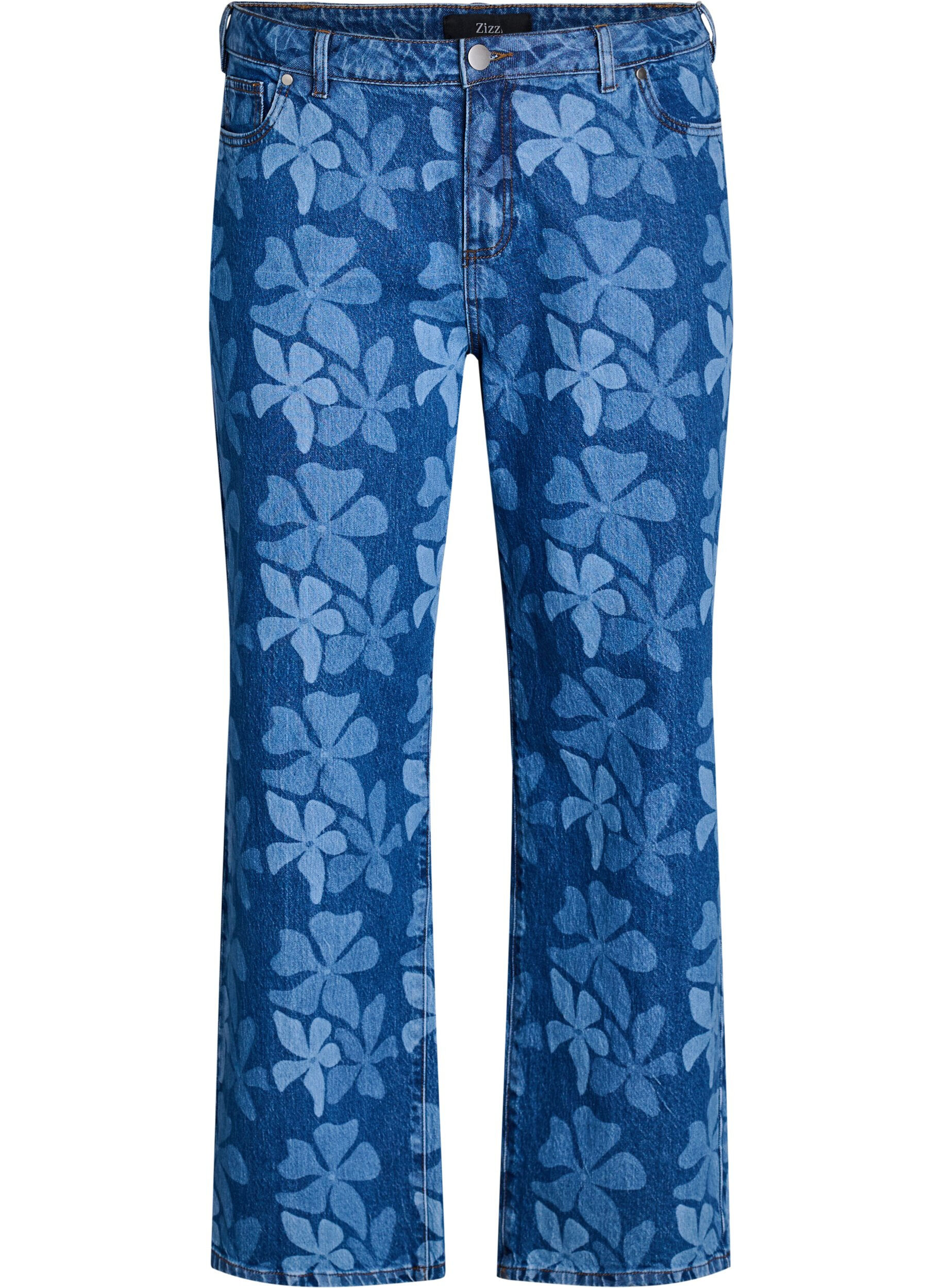 Zizzi Myra jeans in bloemen denim met een Wide fit, Blauw, Packshot image number 0
