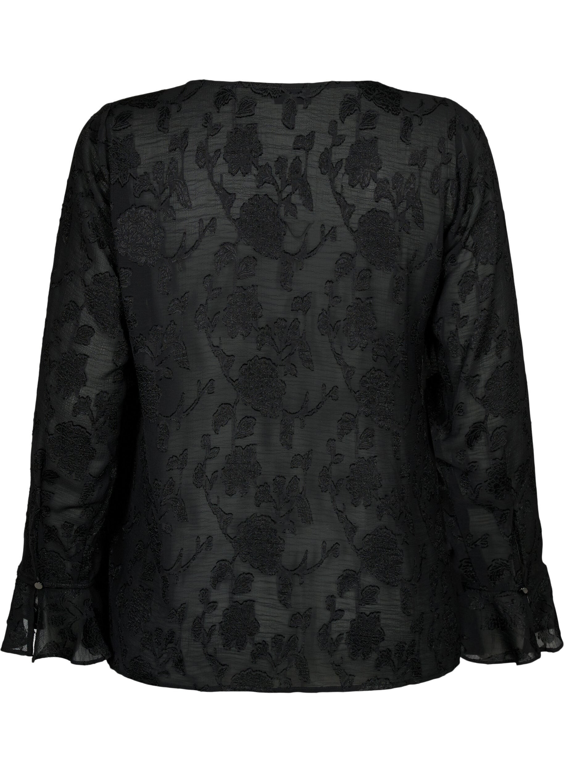 Zizzi Lange mouw shirt met jacquard look, Black, Packshot image number 1