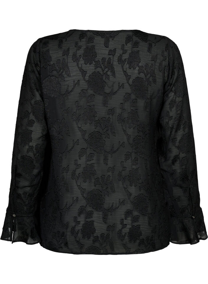 Lange mouw shirt met jacquard look, Black, Packshot image number 1