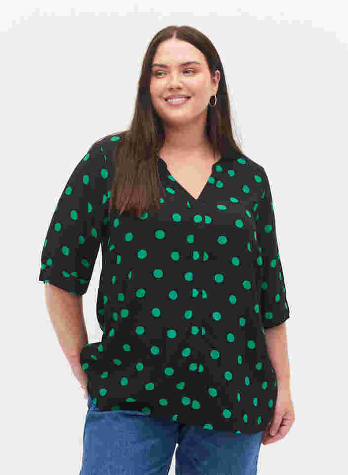 Viscose blouse met stippen, Black jol Green dot, Model