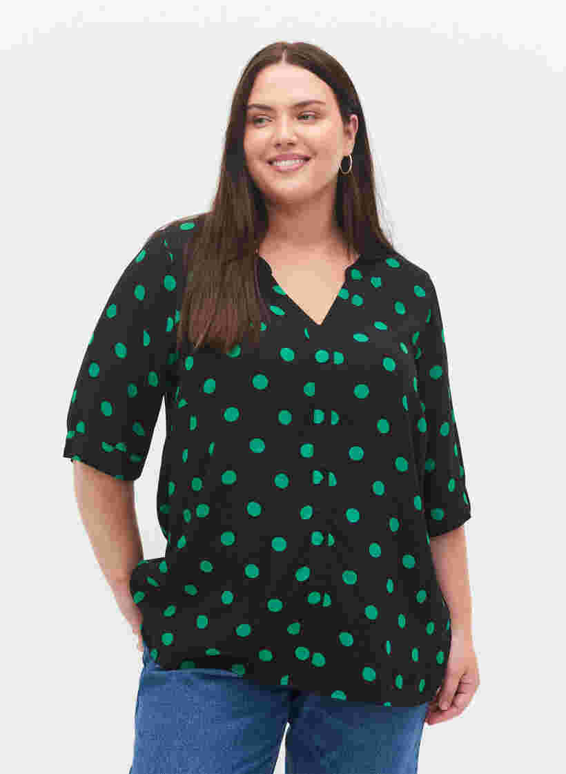 Viscose blouse met stippen, Black jol Green dot, Model image number 0