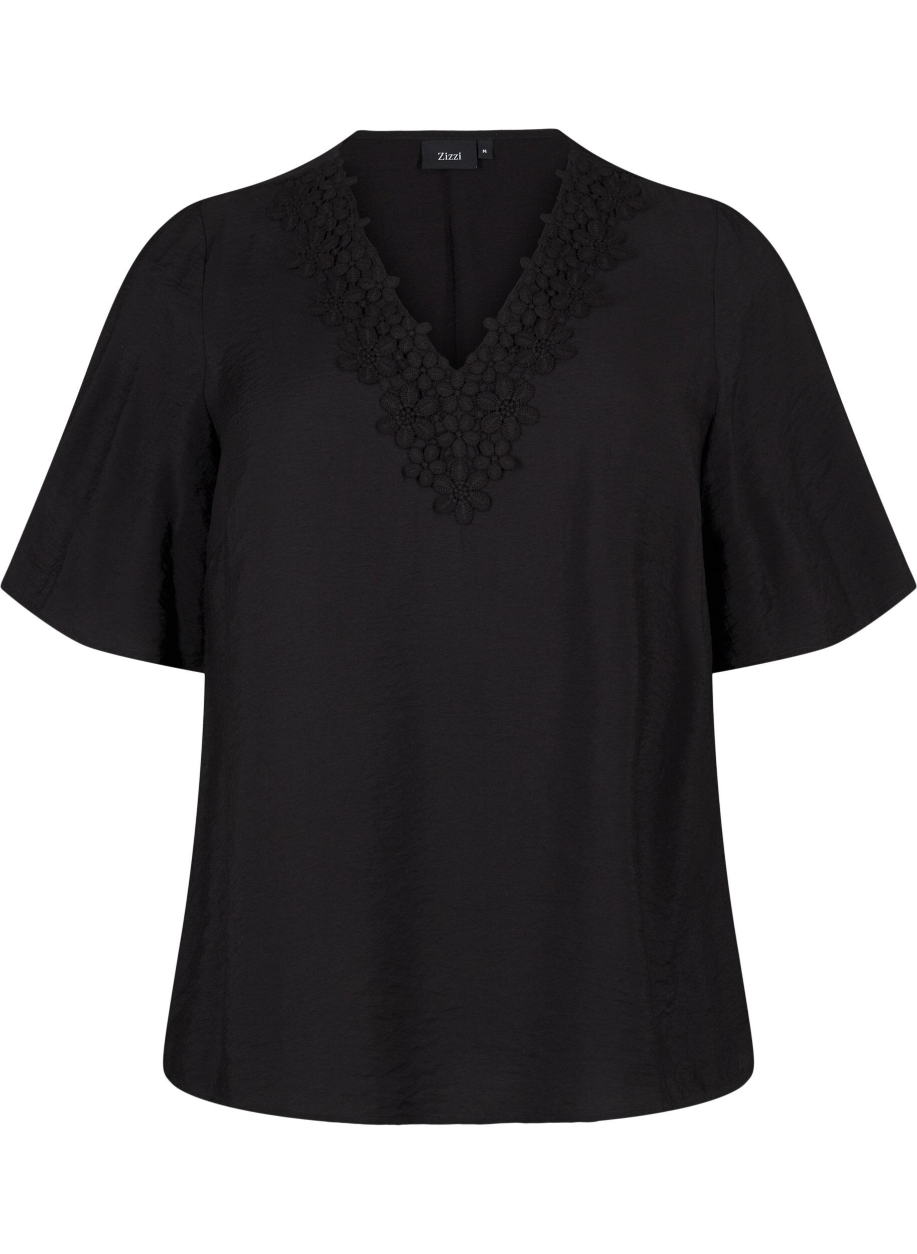 Zizzi Blouse van viscose met v-hals en borduursel, Zwart, Packshot image number 0