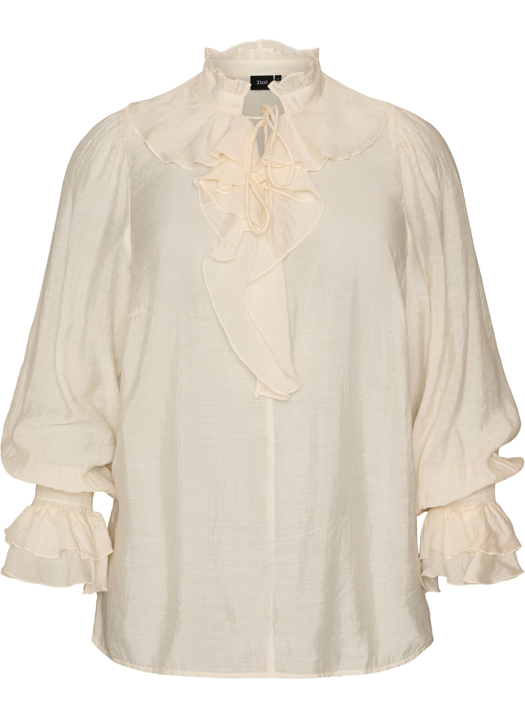 ZizziViscose blouse met ruches en lange mouwen, Vanille, Packshot image number 0
