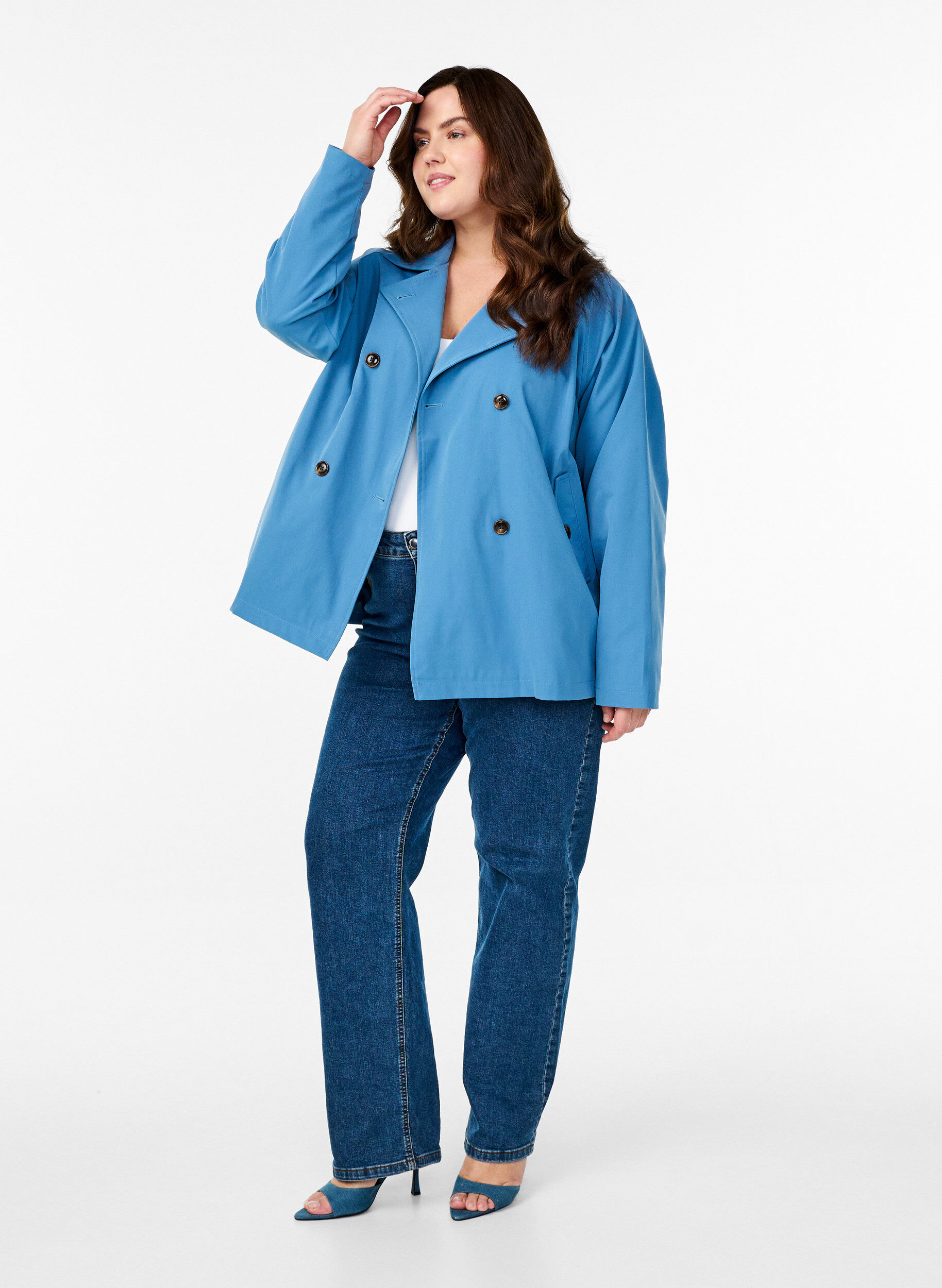 Zizzi Korte trenchcoat met zakken, Blauw, Model image number 1