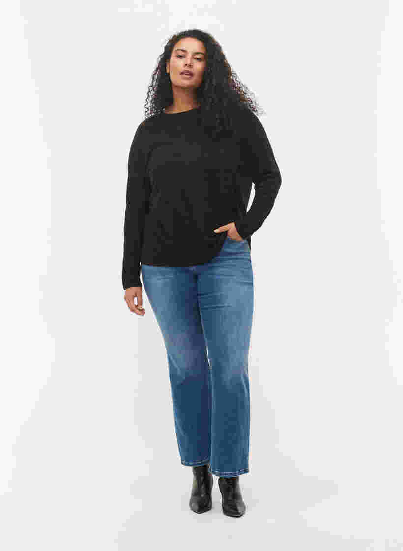 Gebreide blouse met structuur en ronde hals, Black, Model image number 3