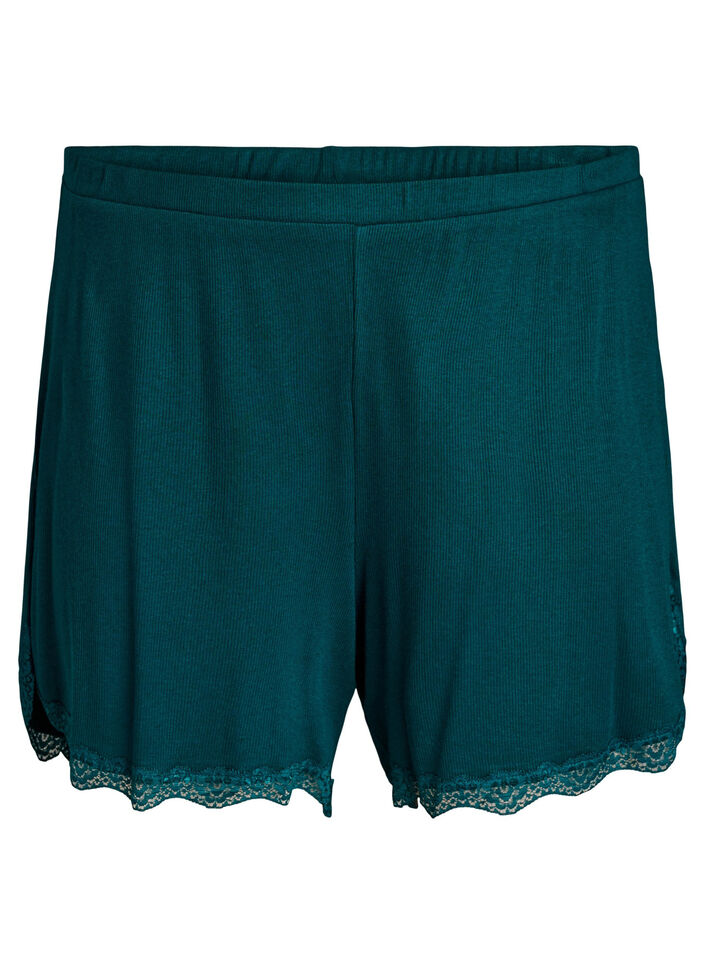 Lichte nachtshorts met ribde structuur en kanten afwerking, Groen, Packshot image number 0