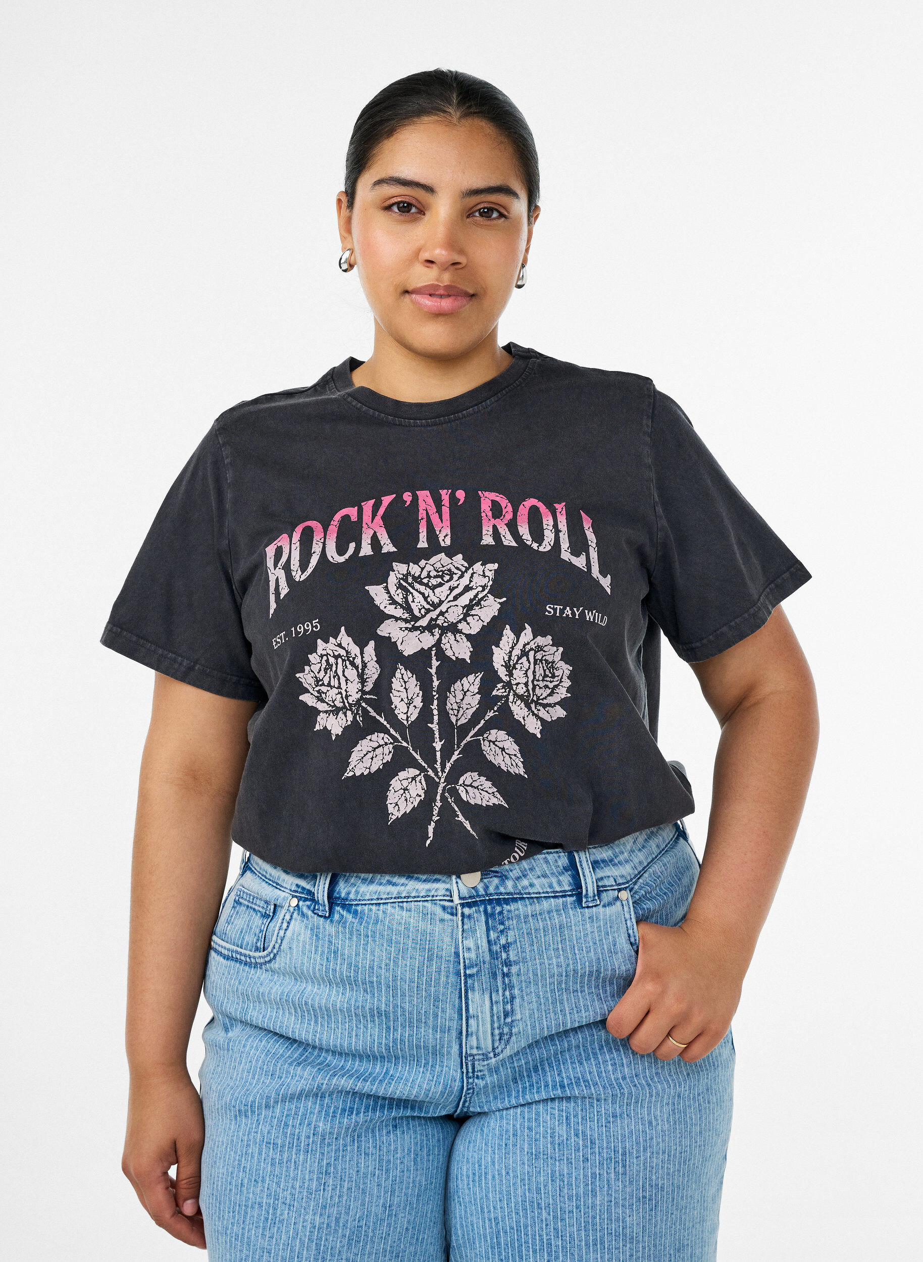 ZizziT-shirt van biologisch katoen met rockprint, Zwart, Model image number 0
