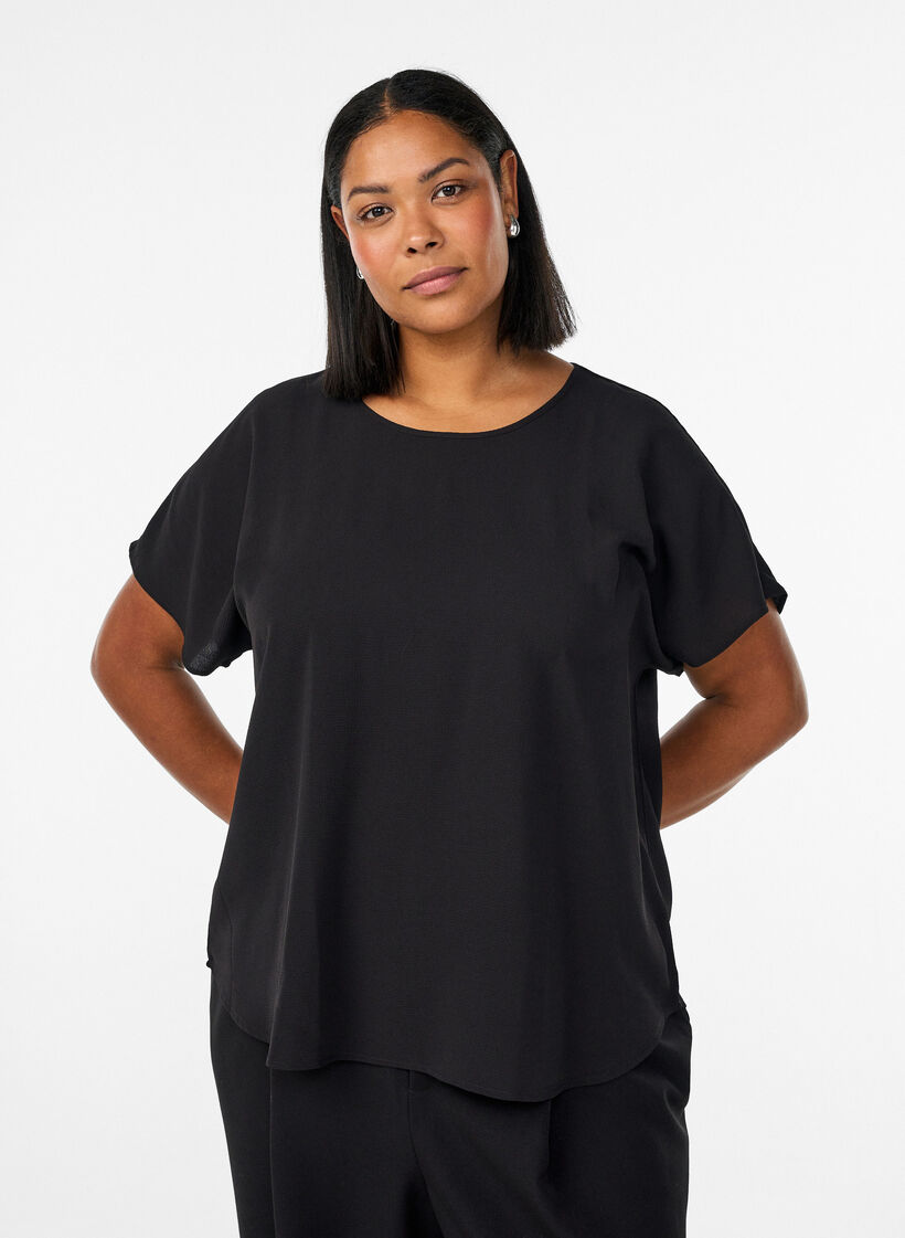 Blouse met korte mouwen en een ronde halslijn, Zwart, Model image number 0