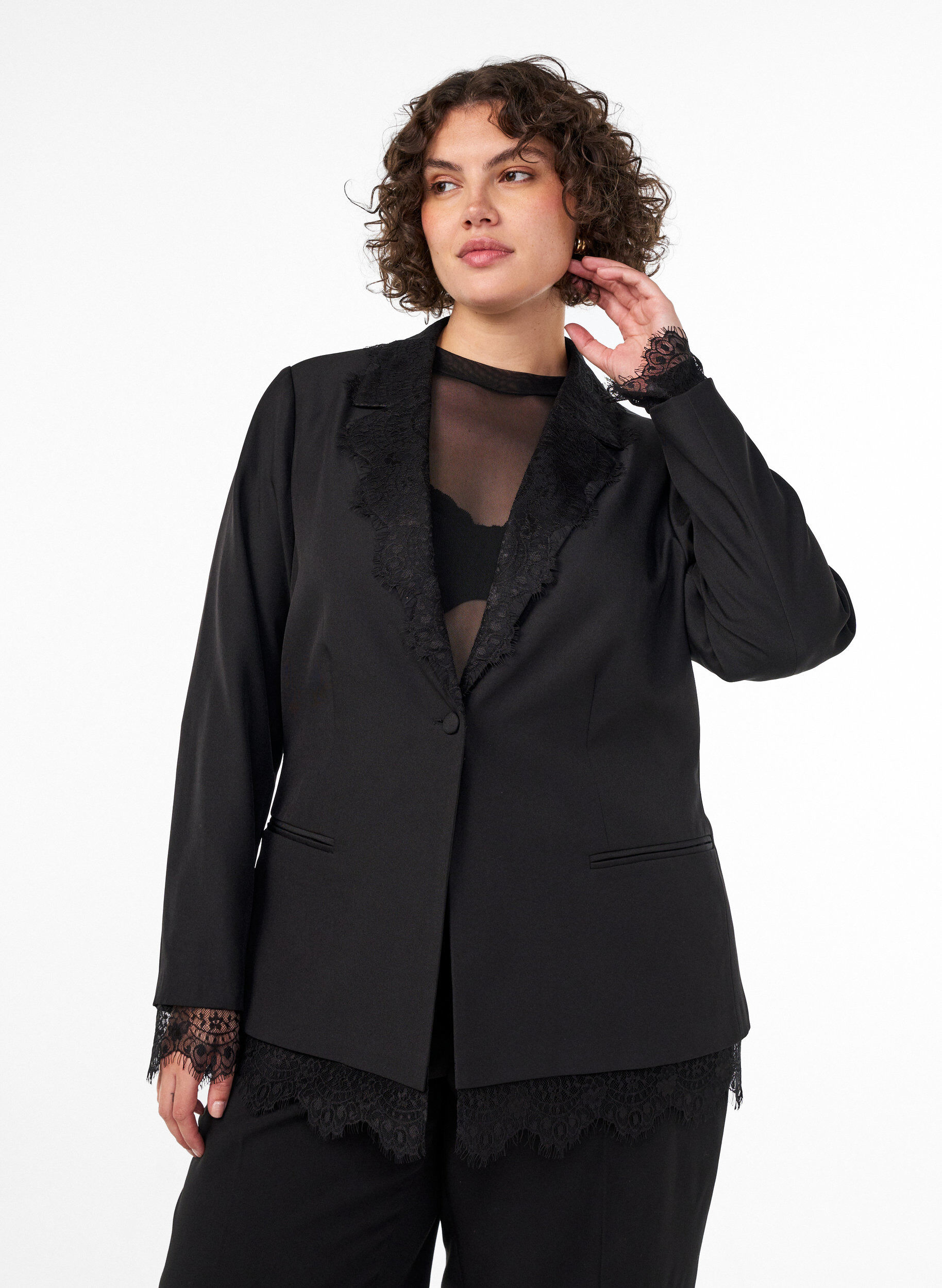 ZizziBlazer met kanten rand, Zwart, Model image number 0