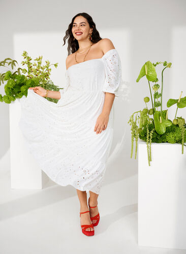 Maxi jurk met kant patroon en een vierkante halslijn, Bright White, Image image number 0