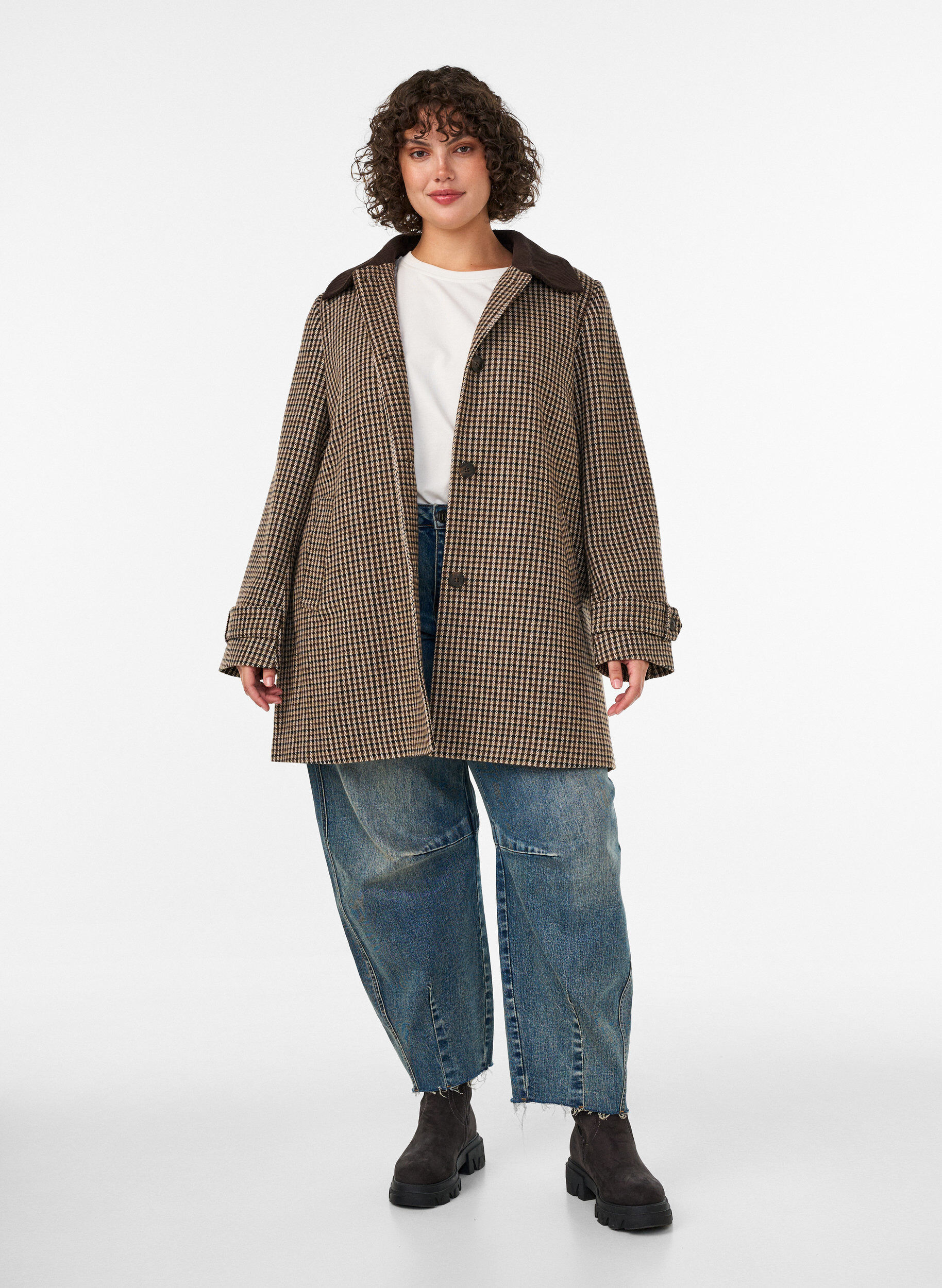 ZizziGeruite jas met corduroy kraag, Bruin, Model image number 1